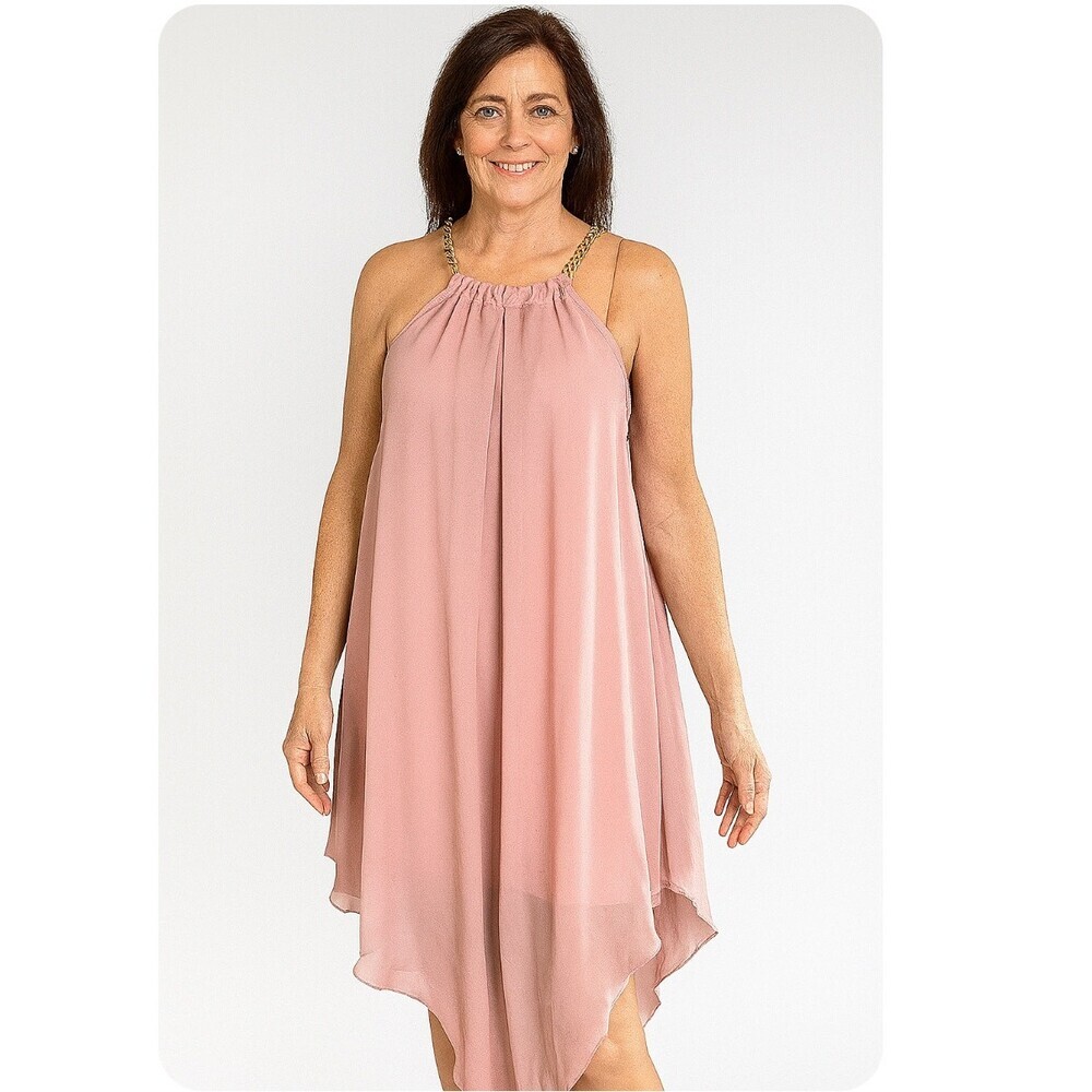 Debshops dress halter blush pink chiffon gold chain neckline asymmetrical SZ 1XL
